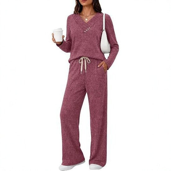 Women's Soft Ribbed Lounge Set with V-Neck and Drawstring Waist