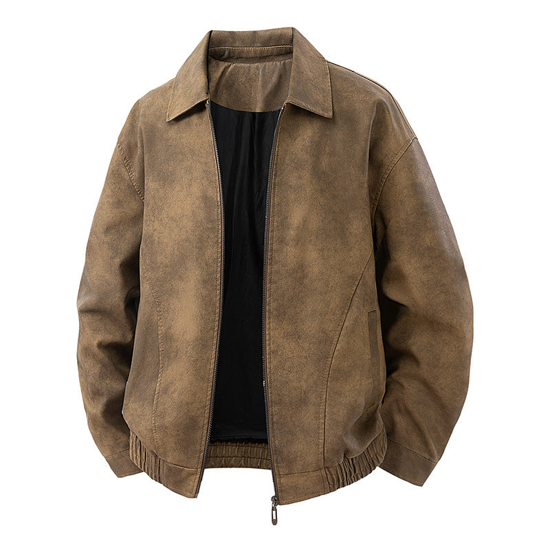 Men's leather bomber jacket with zipper and elastic hem Chichicherry