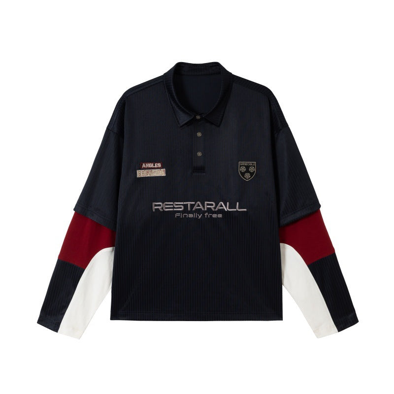 Unisex Long Sleeve Rugby Polo in Oversized Cut with Colorblock Sleeves and Logo Embroidery Chichicherry