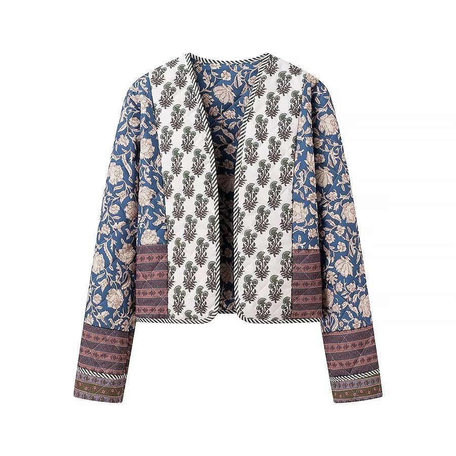 Women Quilted Short Jacket in Boho Patchwork Style with Open Front Chichicherry
