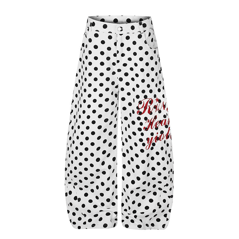 Women's Wide Culotte Jeans with Polka Dot, Balloon Shaped Hem and High Waist Chichicherry