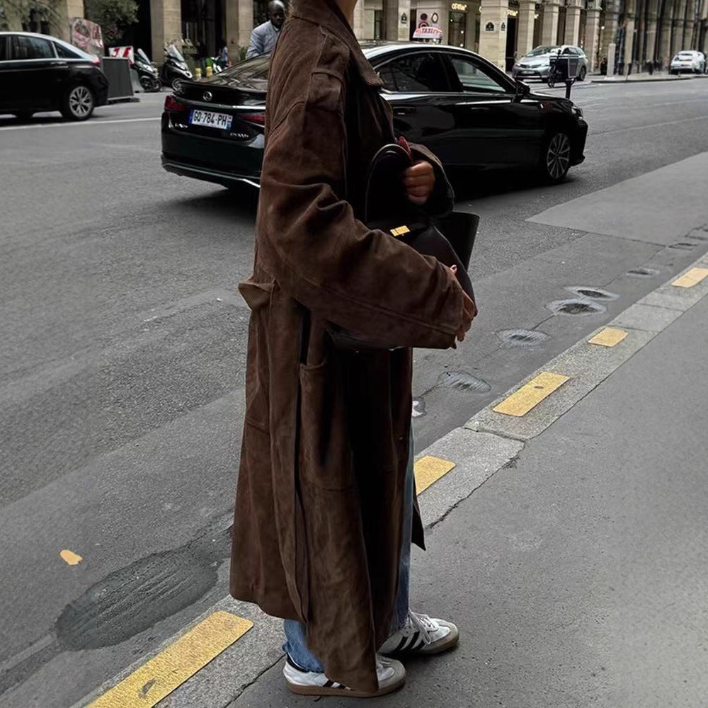 Women Mid-length Oversize Trench Coat made of Suede Look with double-breasted button placket, shoulder epaulets and tie belt Chichicherry