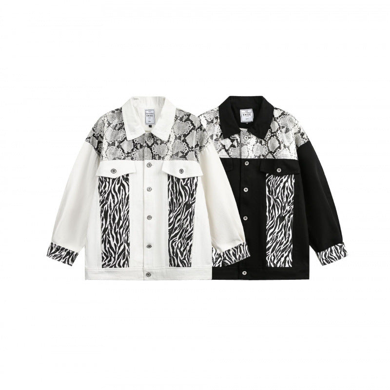 Women's Oversized Denim Jacket in Patchwork Animal Print with Notch Collar and Flap Pockets Chichicherry