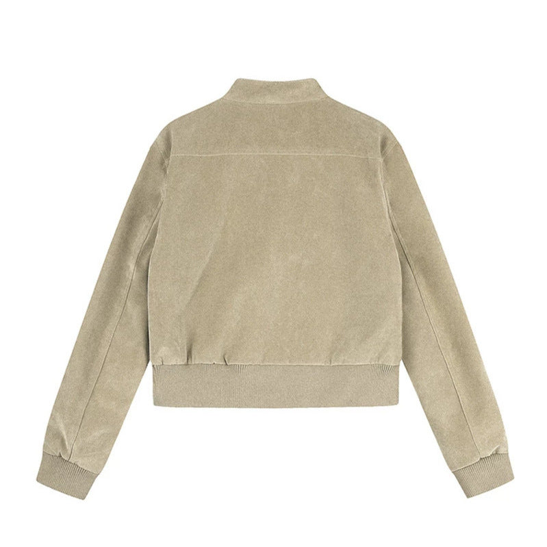 Women's Short Cut Velvet Velour Bomber Jacket with Stand-up Collar and Multifunctional Pockets Chichicherry