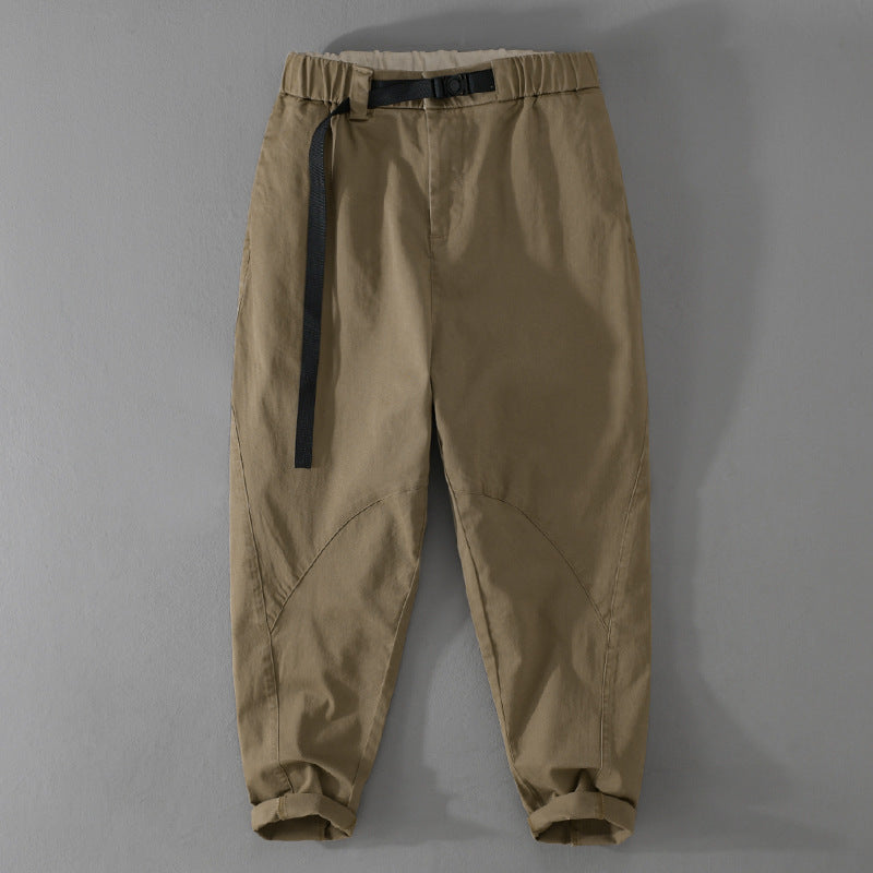 Men's Casual Tapered Cargo Pants with Elastic Waistband and Integrated Webbing Belt Chichicherry