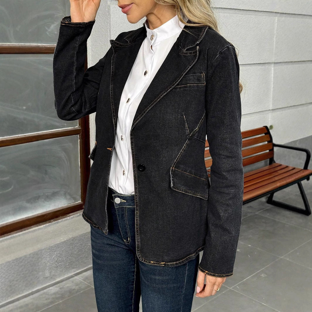 Women's tailored denim blazer with lapel collar and flap pockets Chichicherry