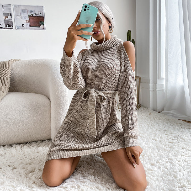 Women's knitted tunic dress with roll neck, cut-out shoulders, and tie belt Chichicherry