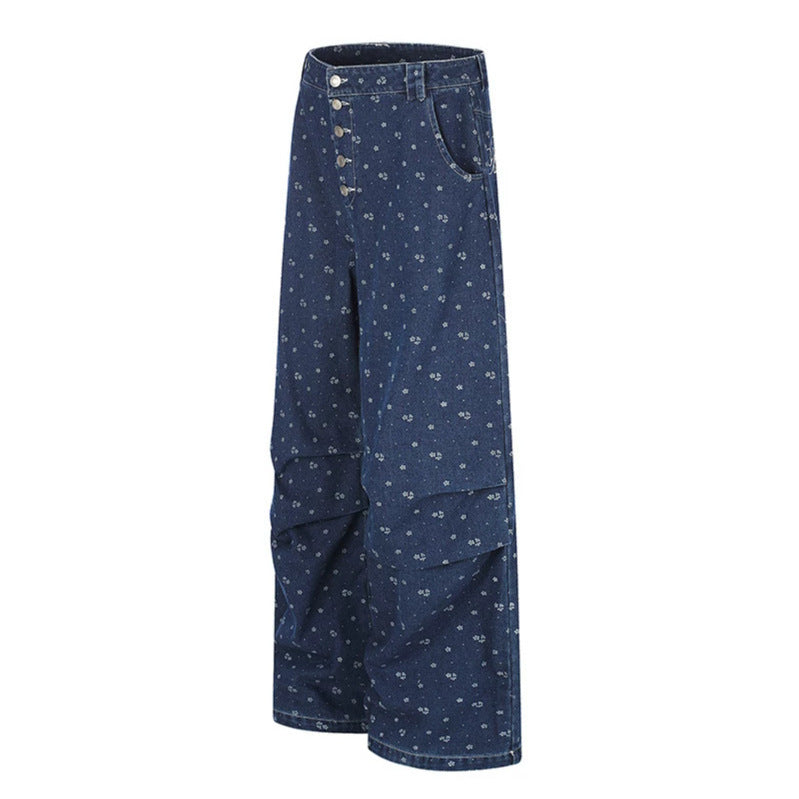 Women's High-Waist Culotte Jeans in Palazzo Cut with Visible Button Placket and Fine Floral Print Chichicherry