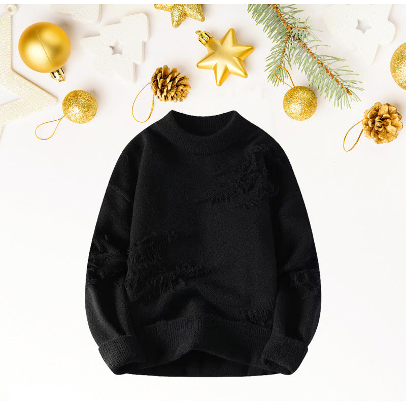 Damen Kurz geschnittener kuscheliger Strickpullover mit Fransen‑Einsätzen und Stehkragen Chichicherry