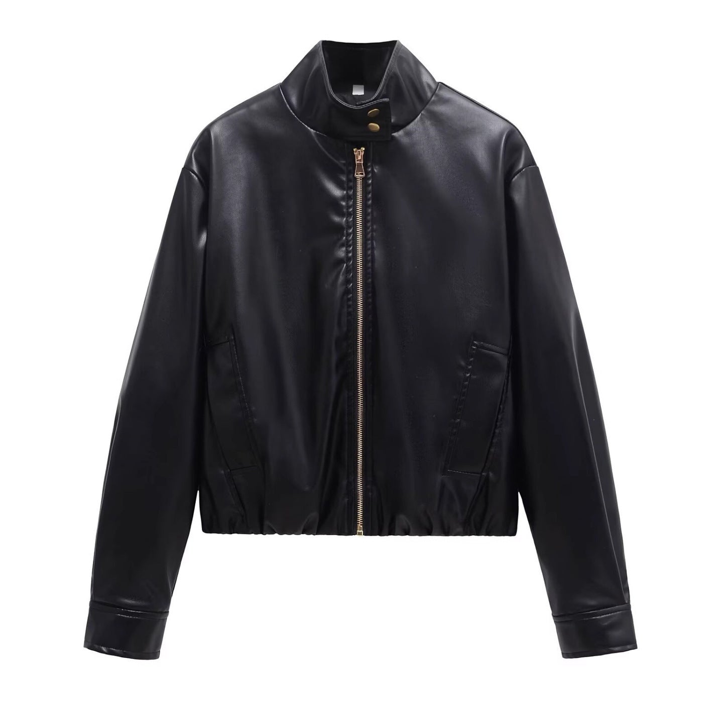 Ladies short cut faux leather bomber jacket with standing collar and zipper Chichicherry