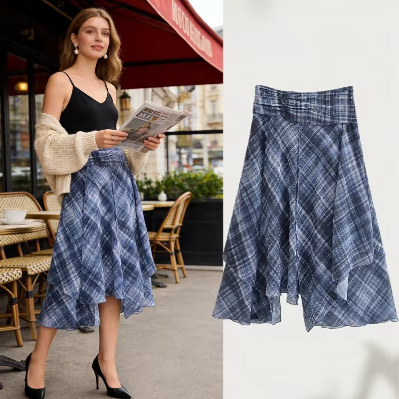 Women Asymmetrical multilayer midi skirt made of chiffon with wide waistband and check pattern Chichicherry