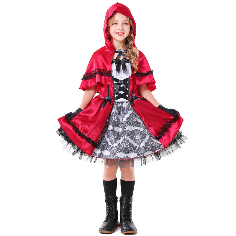 Girls Fairy Tale Little Red Riding Hood Costume with Elegant Tulle Skirt and Detail-Loving Cape Chichicherry