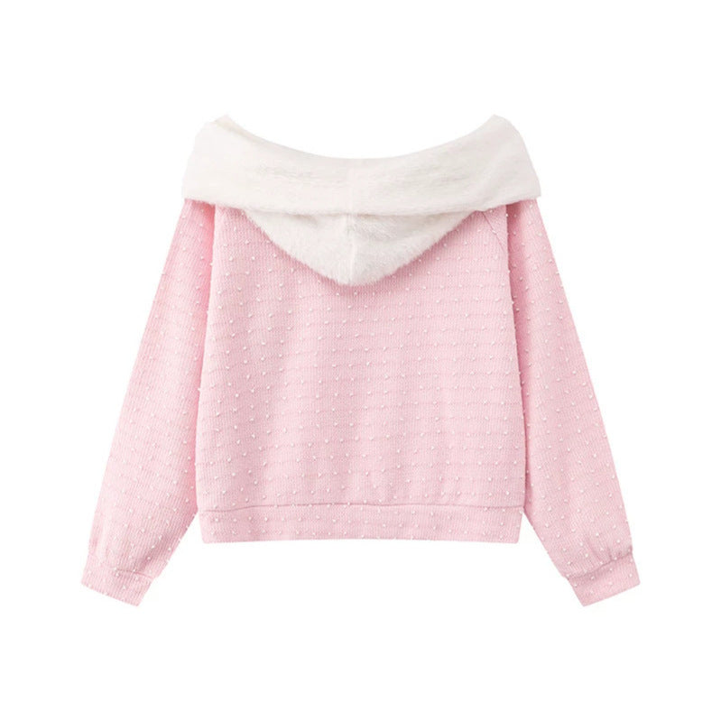 Women's Cozy Knitted Sweater with Large Faux Fur Shawl Collar and Kangaroo Pocket Chichicherry
