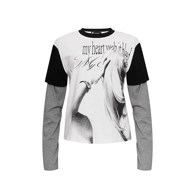 Women's Layered Long Sleeve Shirt with Photo Print, Contrasting Short Sleeves and Striped Inner Sleeves Chichicherry
