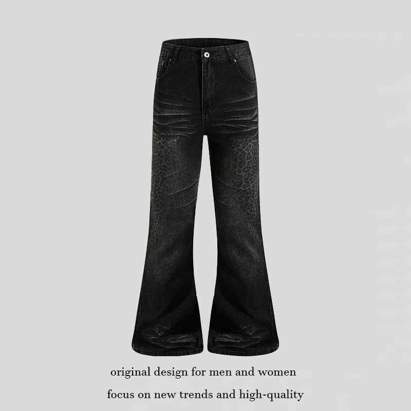 Women's High-Cut Flared Jeans with Subtle Leo Print and Used Wash Chichicherry