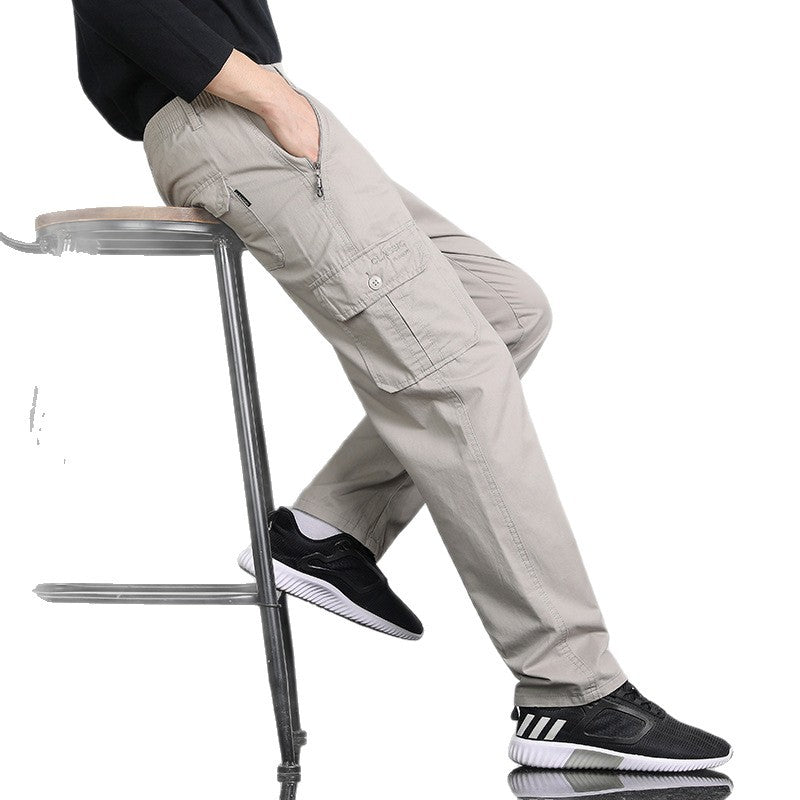 Men's Loose Cargo Pants with Elastic Waistband, Multi-Pockets & Straight Leg Chichicherry