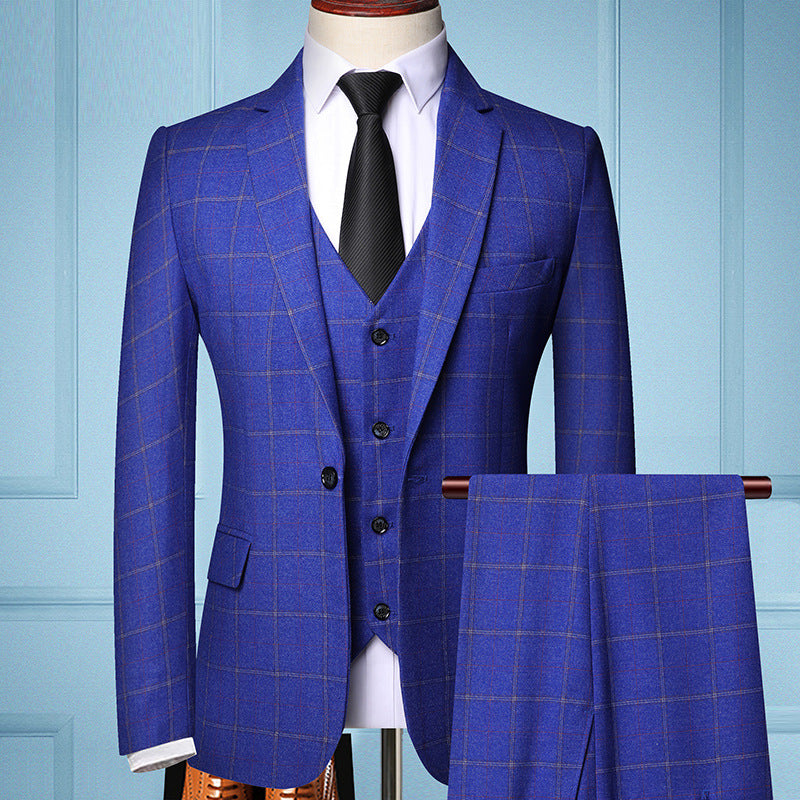 Men's Three-Piece Slim-Fit Suit with Vest and Fine Checkered Pattern Chichicherry