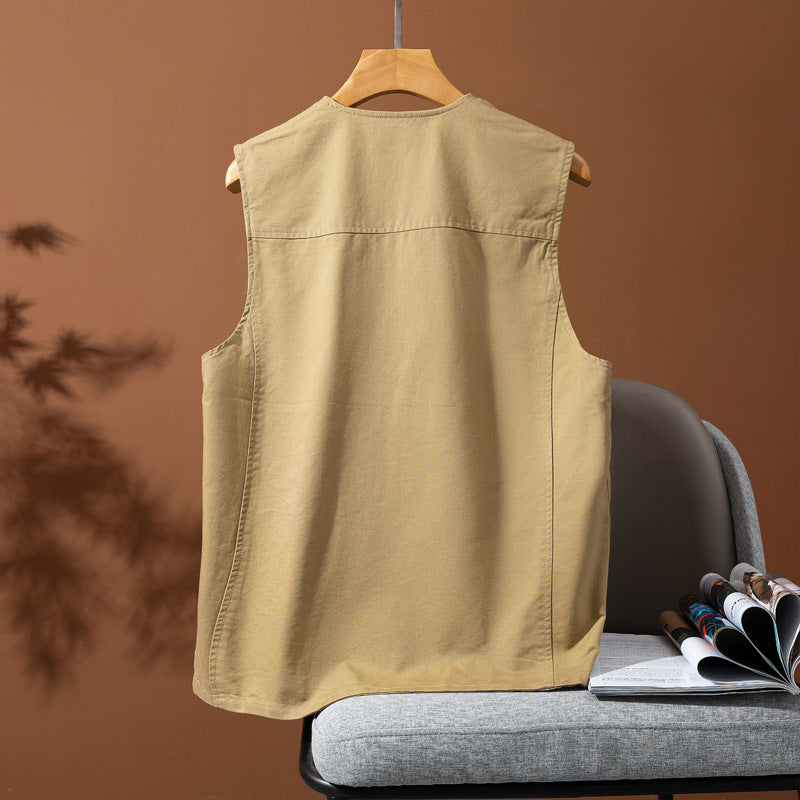 Men's Sleeveless Utility Canvas Vest with V-Neck, Button Placket, and Patch Pockets Chichicherry