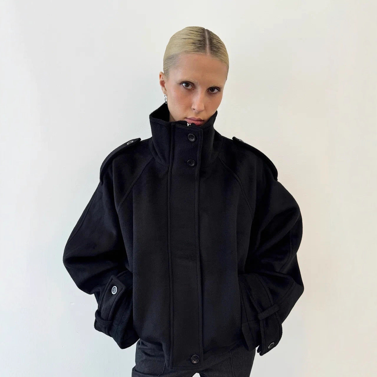 Women's Short Oversize Wool Jacket with Stand-up Collar and Epaulets Chichicherry