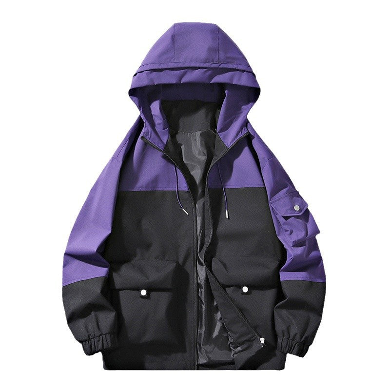 Unisex Lightweight Hooded Wind Jacket in Colorblock Utility Style with Large Pockets and Drawstring Hood