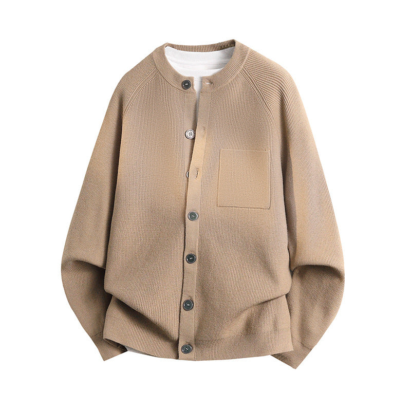 Unisex Leichter Feinstrick-Cardigan mit Rundhalsausschnitt, Brusttasche und Raglanärmeln Chichicherry