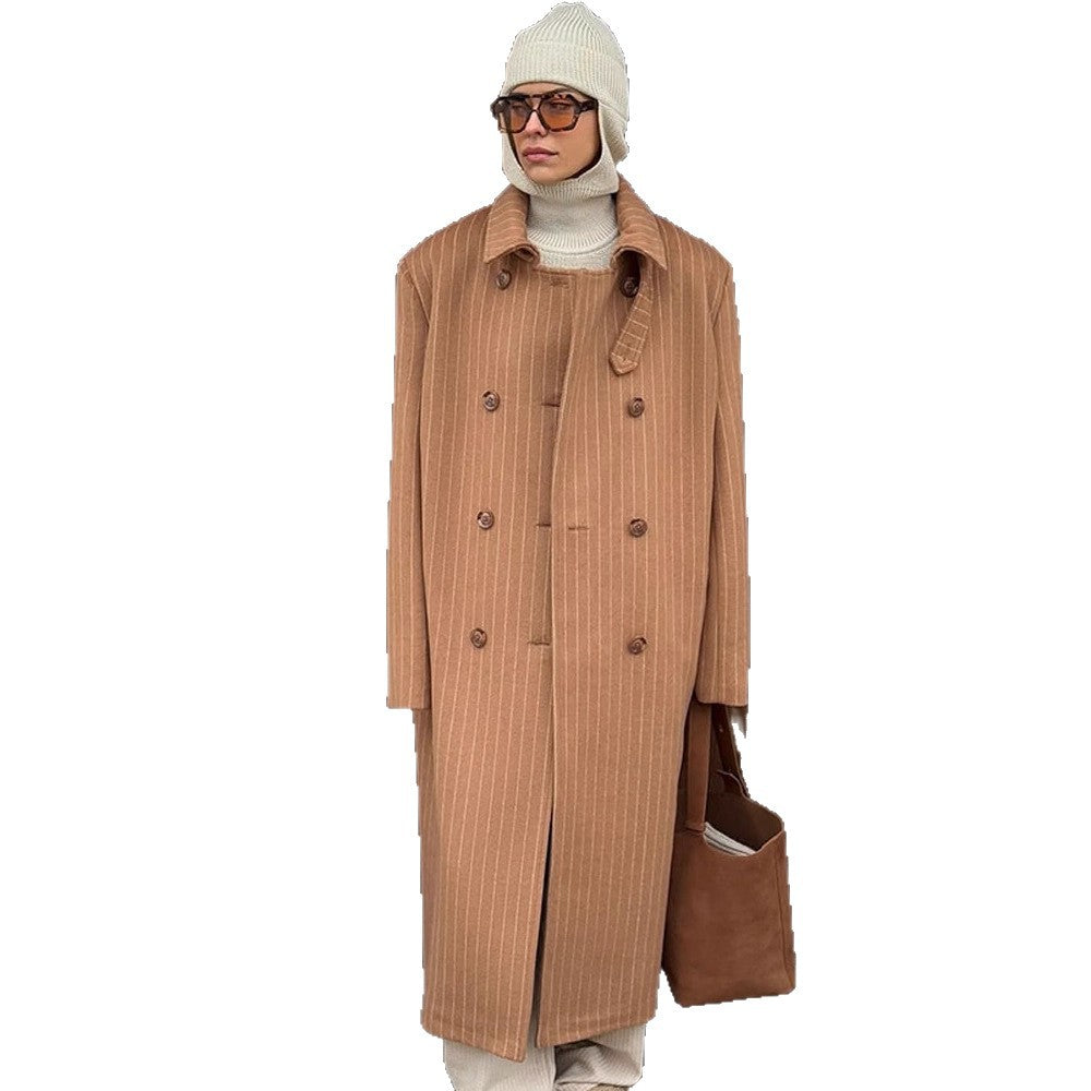 Women Double-Breasted Oversized Wool Blend Coat with Pinstripes and Loose Fit Chichicherry