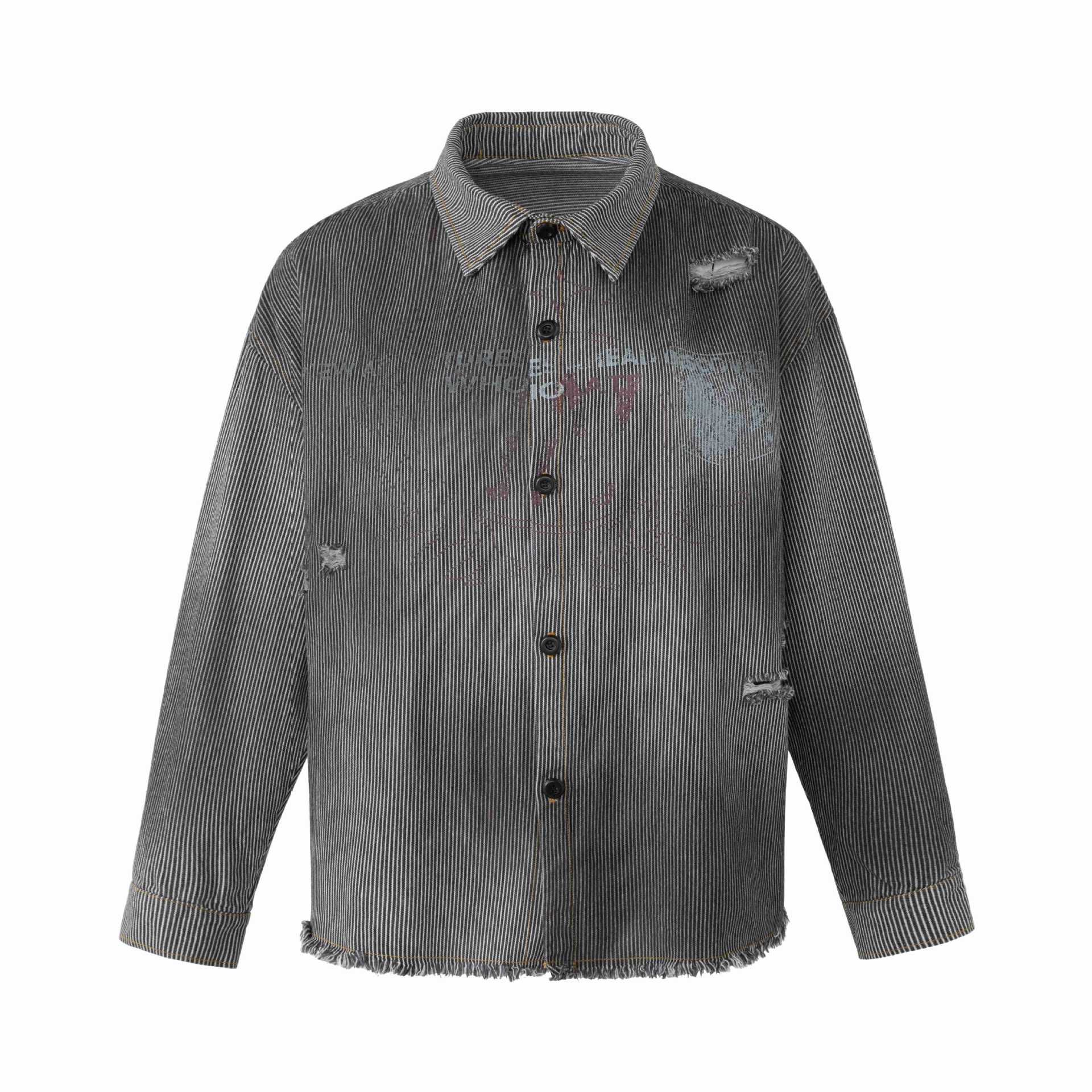 Women's overshirt jacket made of striped denim with fringes and used details Chichicherry