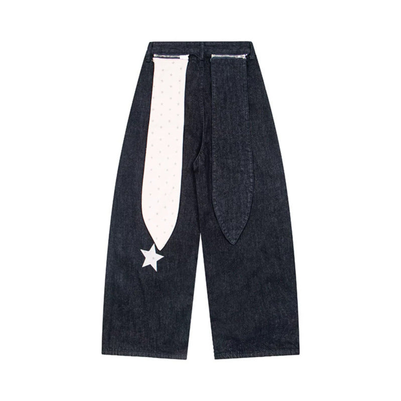 Women Wide Denim Palazzo Jeans with High Waist, Star Applications and Illustrative Patches Chichicherry