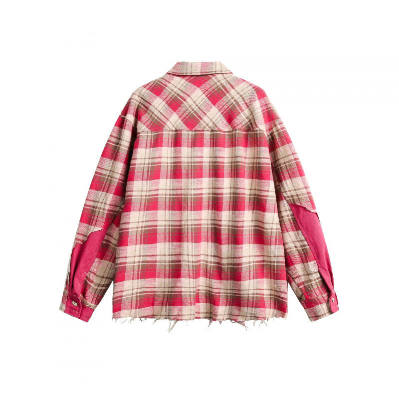 Unisex Oversize Shirt Jacket in Checked Vintage Look with Raw Hem and Contrast Patch Chichicherry