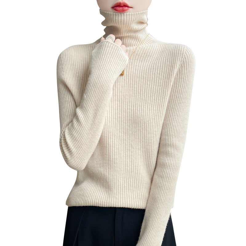 Women's Slim Ribbed Knit Turtleneck Sweater with Ruffled Neck and Cashmere-like Feel Chichicherry