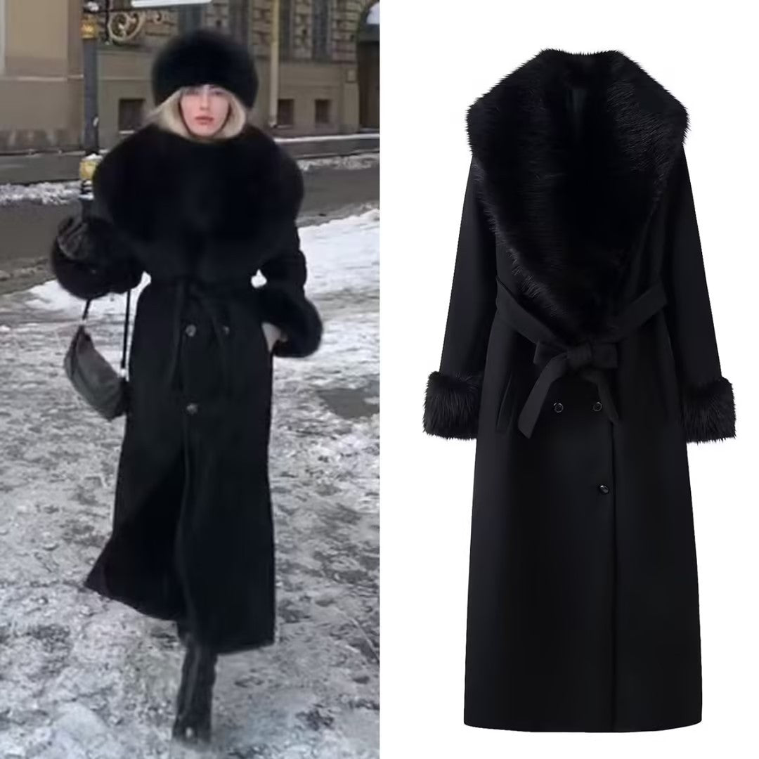 Women Longer Elegant Wool Blend Coat with Wide Faux Fur Collar, Belt and Fur Cuffs Chichicherry