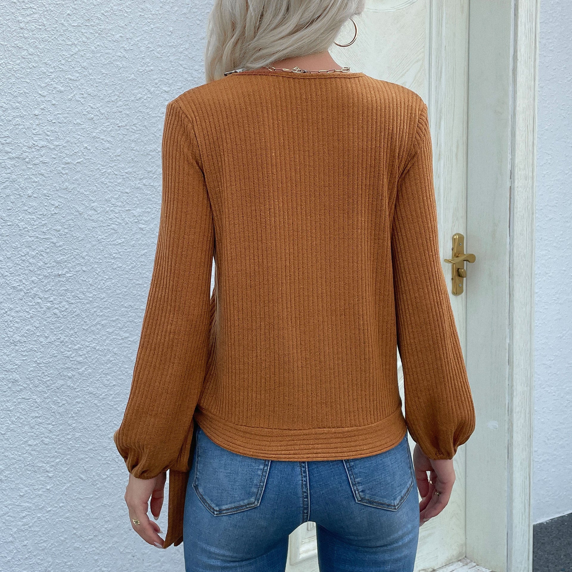 Women's Ribbed Wrap Cardigan with V-Neck, Asymmetrical Button Placket and Waist Tie Chichicherry