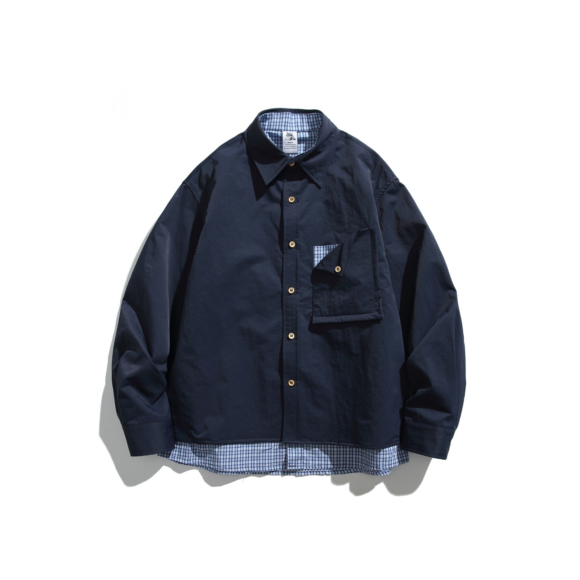 Men's Boxy Overshirt in Layer Look with checked inner lining, breast pocket and wooden buttons Chichicherry