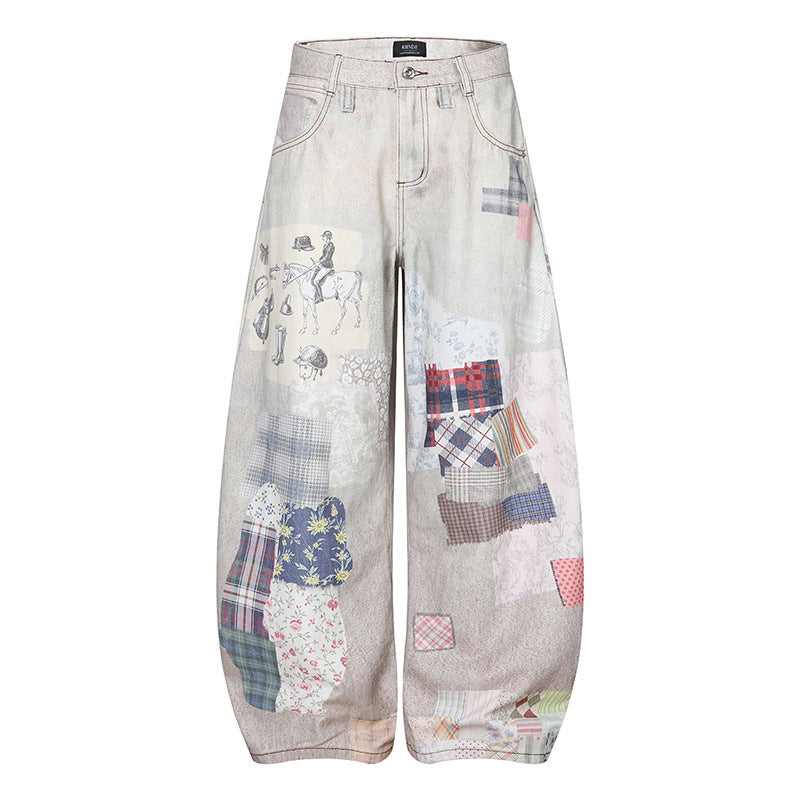 Women's Wide High-Waist Culotte Jeans with Patchwork Print and Balloon Silhouette Chichicherry