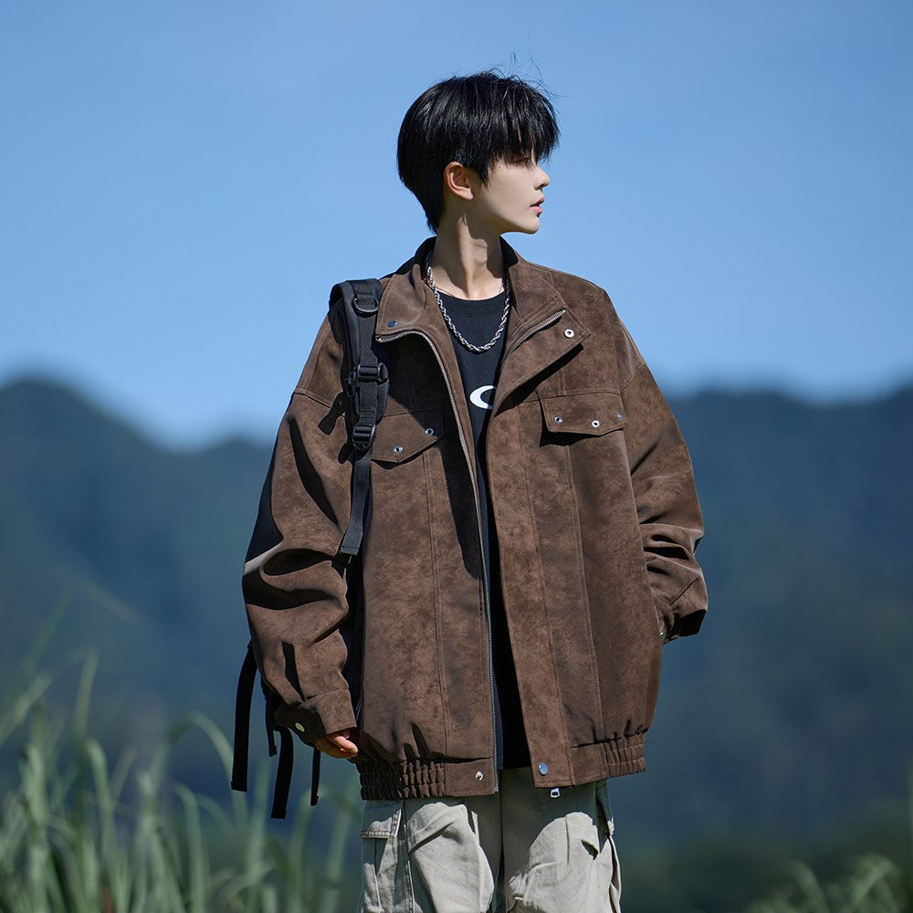 Herren Oversized Lederjacke mit weitem asymmetrischen Revers und Taillengürtel Chichicherry