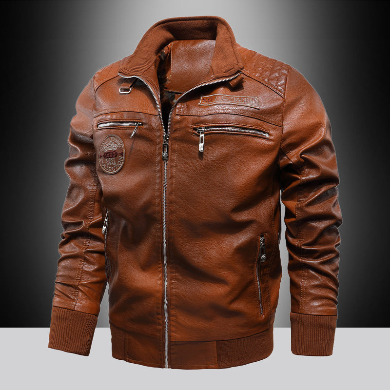 Men's Faux Leather Pilot Jacket with Zipper, Chest Pockets and Ribbed Cuffs Chichicherry