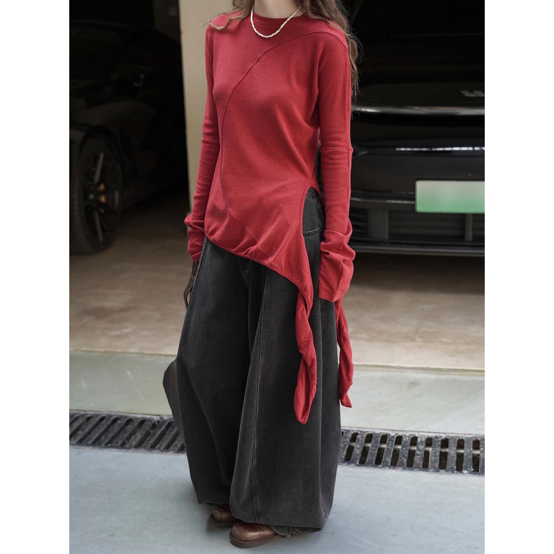 Women Asymmetrical Long Sleeve with Side Ties Chichicherry