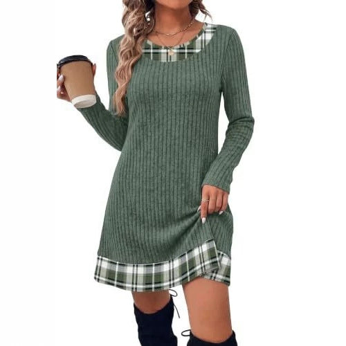 Women's Ribbed Long Shirt Dress with Checked Hem and Neckline Trim Chichicherry