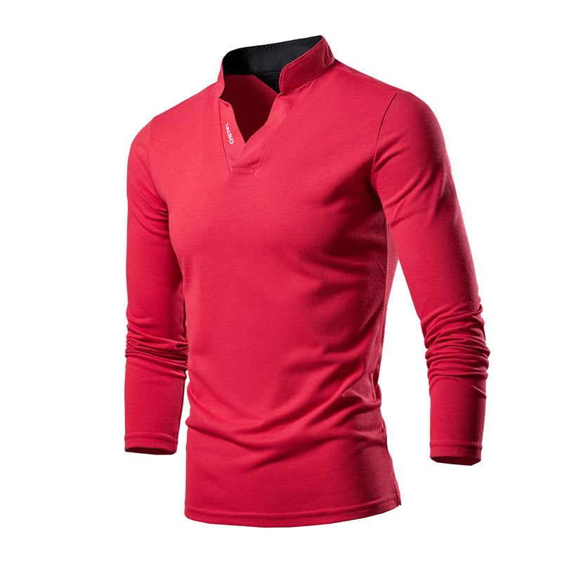 Men's Slim-Fit Long Sleeve Shirt with Stand Collar, Open V-Neck and Functional Stretch Material Chichicherry