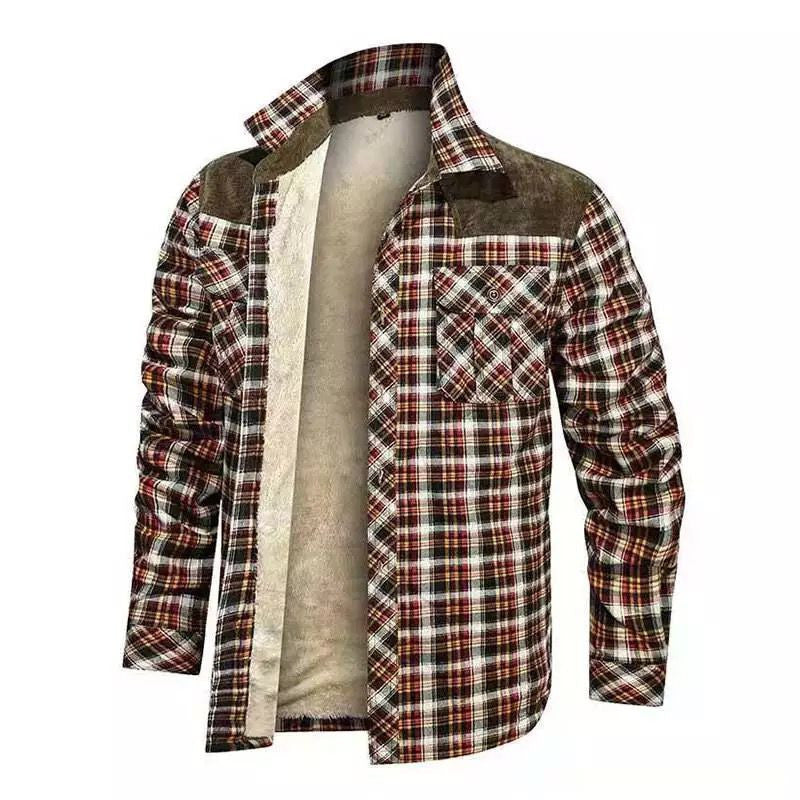 Men's padded check shirt jacket with teddy fleece lining, chest flap pockets and shoulder patches Chichicherry