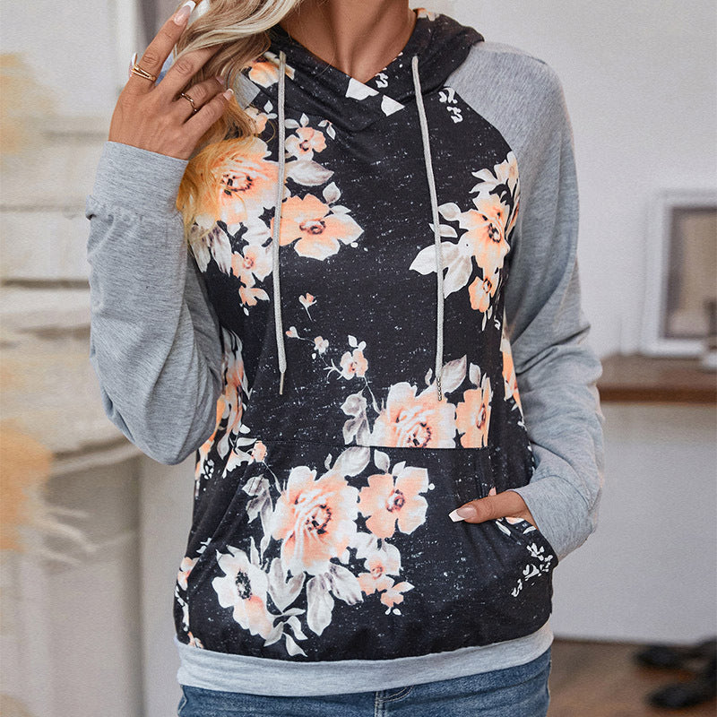 Women's Casual Hoodie with Floral Print, Raglan Sleeves and Kangaroo Pocket Chichicherry