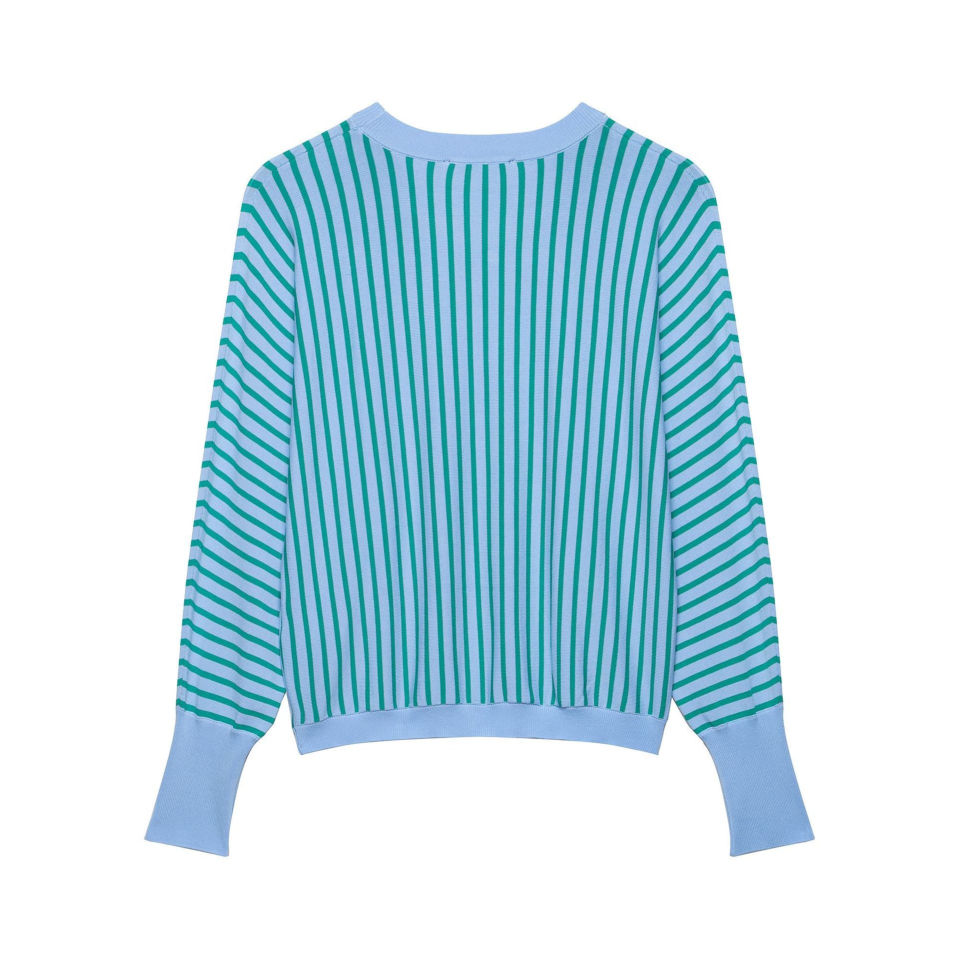 Women's Short-Cut Striped Fine Knit Sweater with Extended Ribbed Sleeves Chichicherry