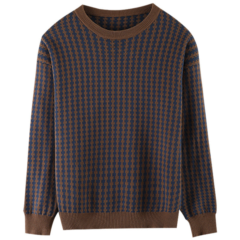 Women's Lightweight Structured Knit Sweater with Houndstooth Pattern and Wide Ribbed Cuff Chichicherry