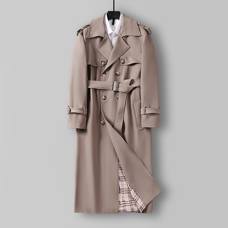 Women Elegant long cut wool blend trench coat with double-breasted button placket and belt Chichicherry