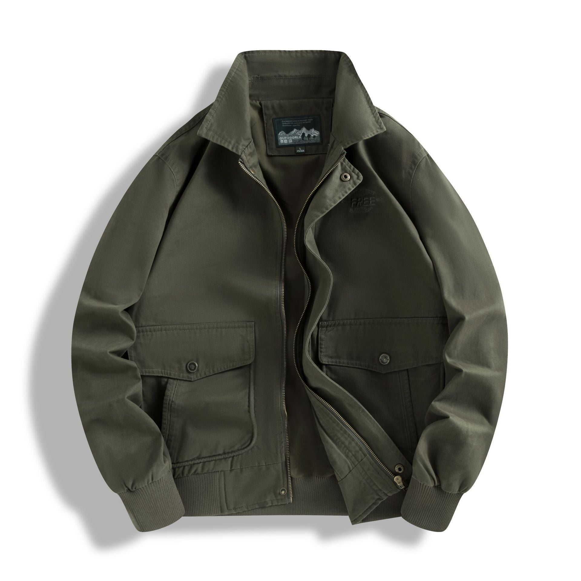 Men's Classic Field Bomber Jacket with Two-Way Zipper and Flap Pockets Chichicherry