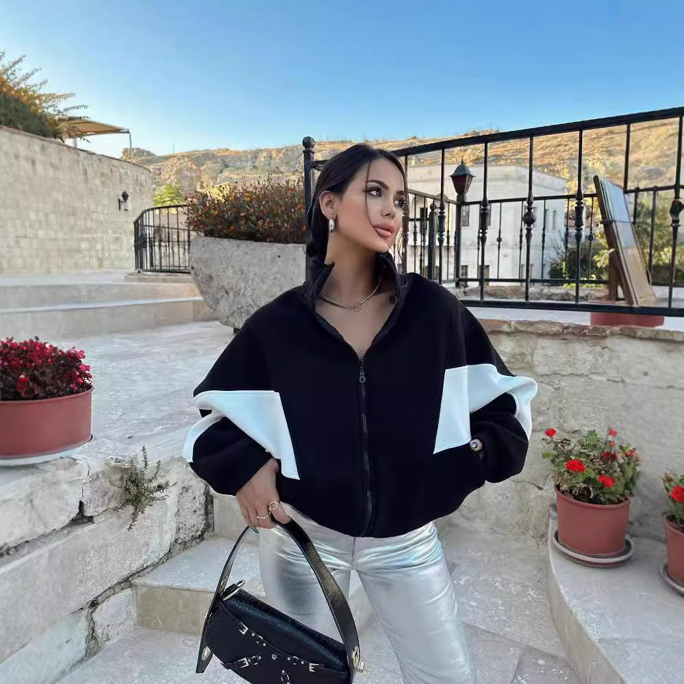 Damen Kurz geschnittener Stehkragen-Reißverschluss-Hoodie im Colorblock-Sportstyle Chichicherry