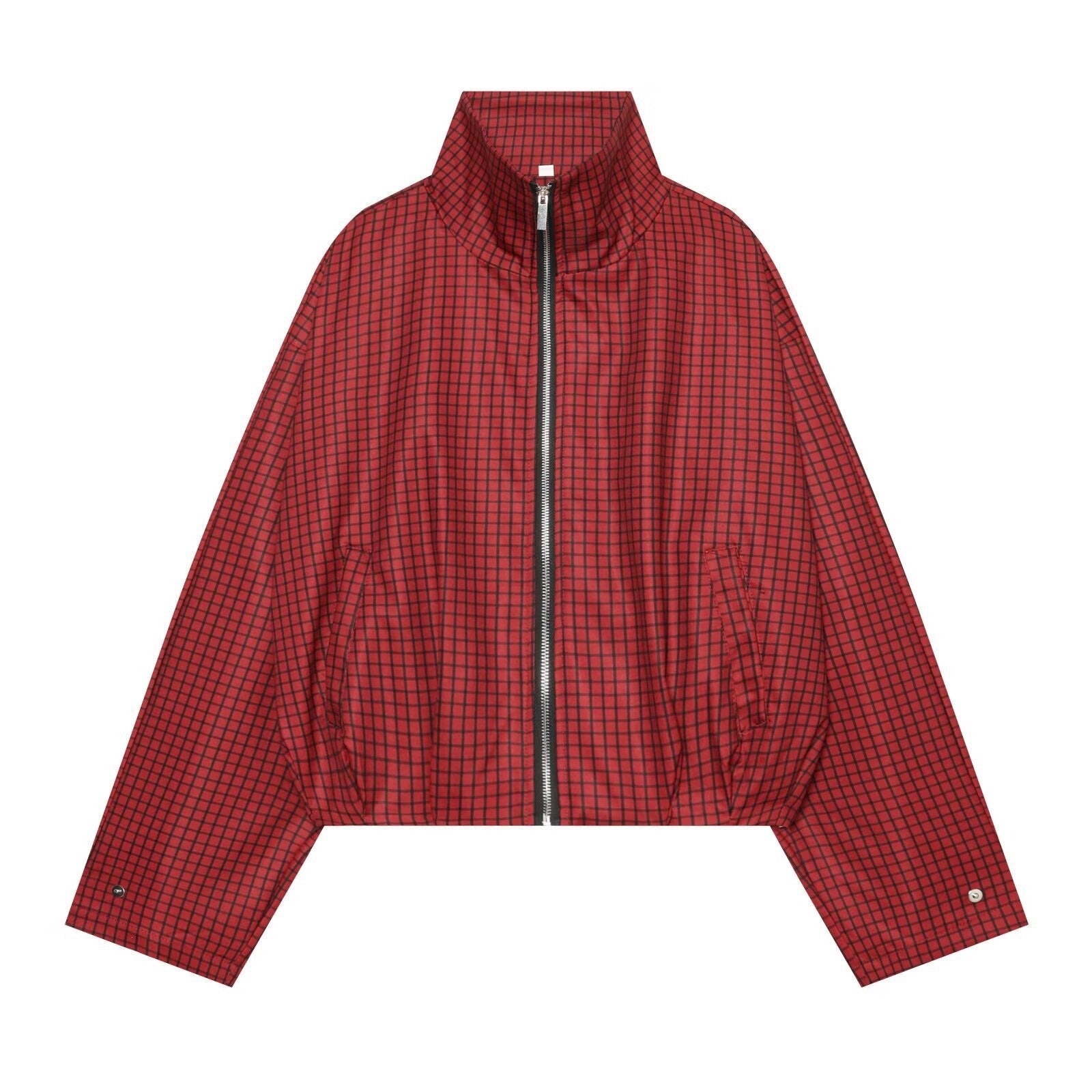 Women's Checked Cropped Bomber Jacket with High Stand Collar, Elastic Hem and Full Zip Chichicherry