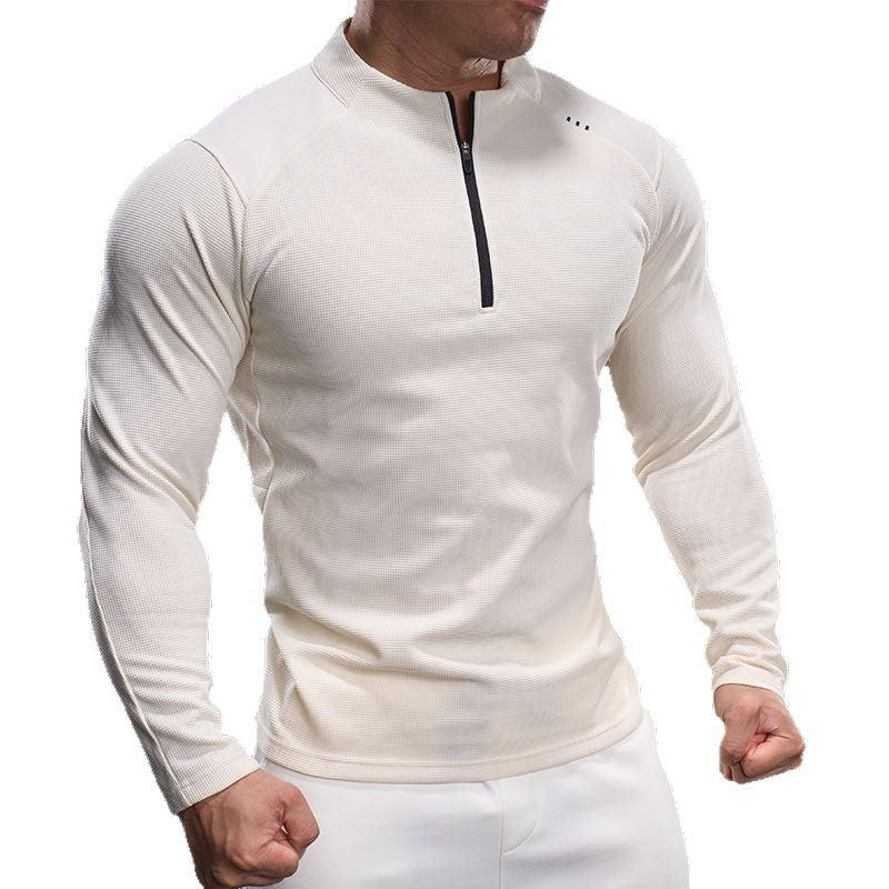 Men's Slim-Fit Sporty Long Sleeve Training Shirt with Half-Zip and Textured Fabric Chichicherry