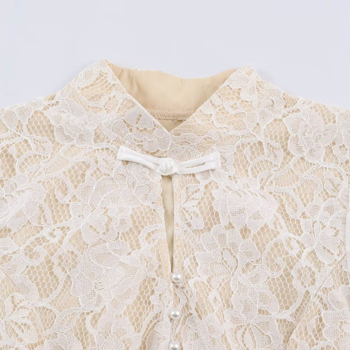 Women's lace blouse with stand-up collar and pearl button placket Chichicherry