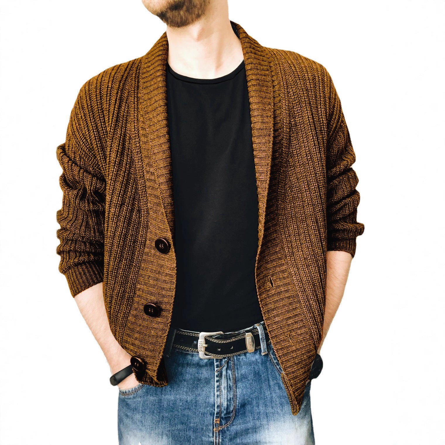 Men's knitted cardigan with shawl collar and button placket Chichicherry